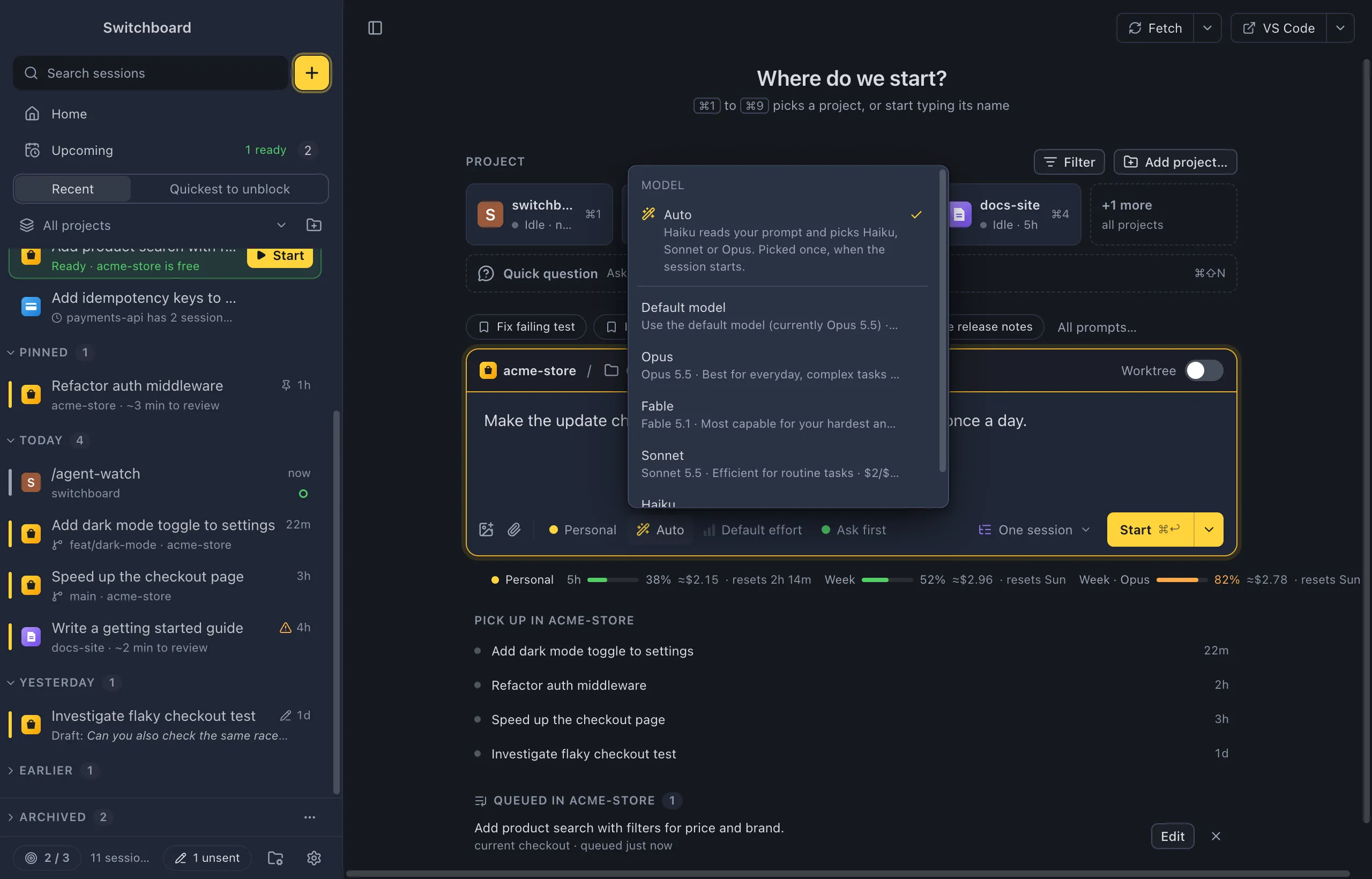 New session with the model menu open: Auto first, with a wand and the line 'Haiku reads your prompt and picks Haiku, Sonnet or Opus. Picked once, when the session starts.', then a line, Default model and the models