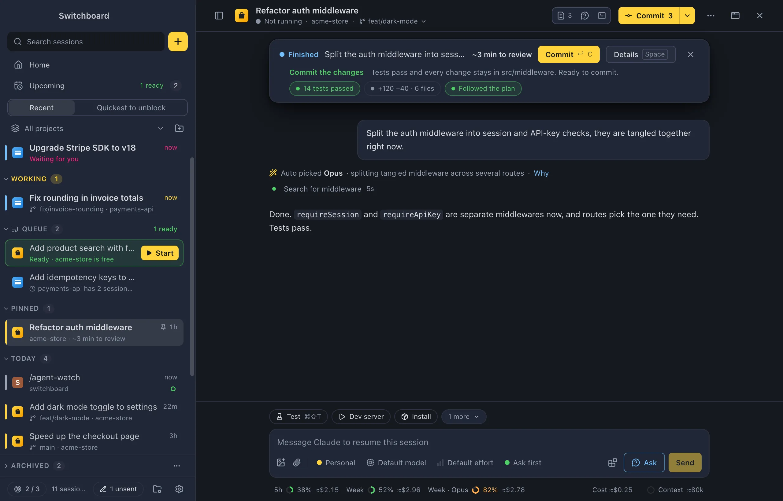 The catch-up banner above the conversation: Finished, the ask, about 3 minutes to review, Commit and Details; under it Commit the changes in green, why, and the chips 14 tests passed, +120 −40 · 6 files and Followed the plan