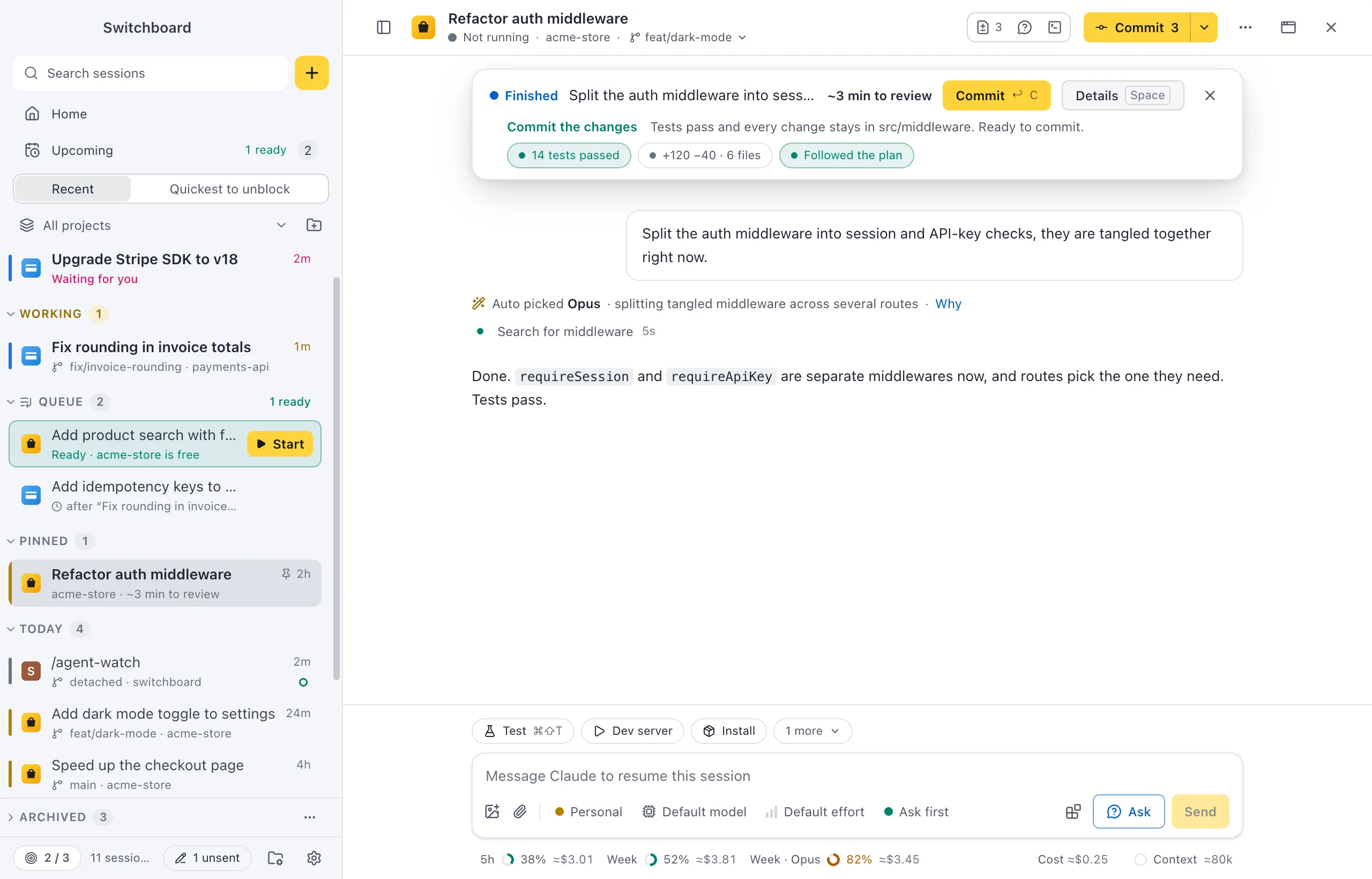The catch-up banner above the conversation: Finished, the ask, about 3 minutes to review, Commit and Details; under it Commit the changes in green, why, and the chips 14 tests passed, +120 −40 · 6 files and Followed the plan