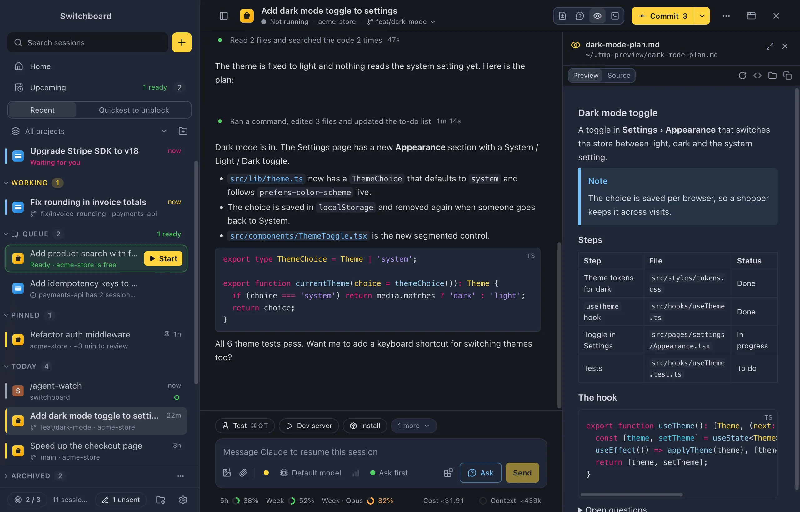 A session with a Markdown plan open in the side panel: a heading, a Note alert, a table of steps, a code block and a folded Open questions block