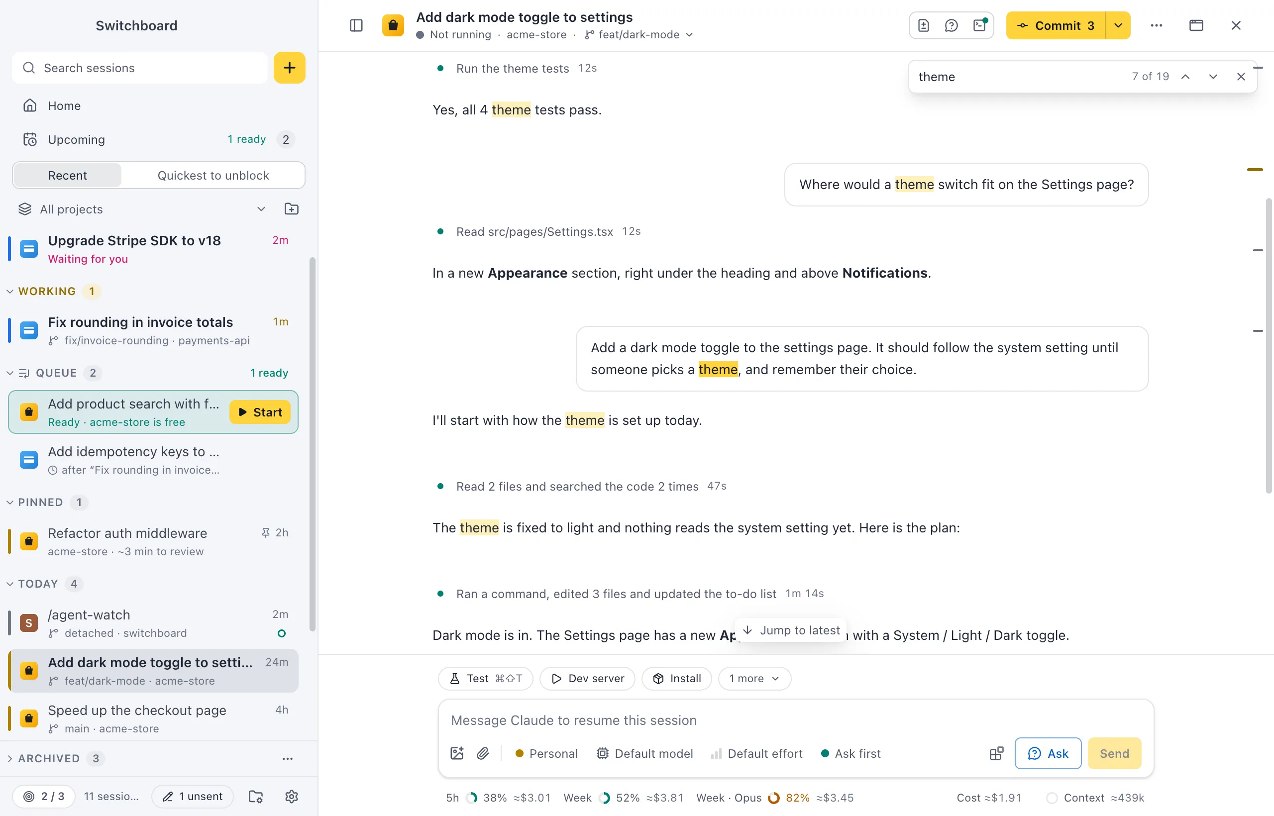 Find in conversation open over a session, with every match highlighted and the count of matches next to the field