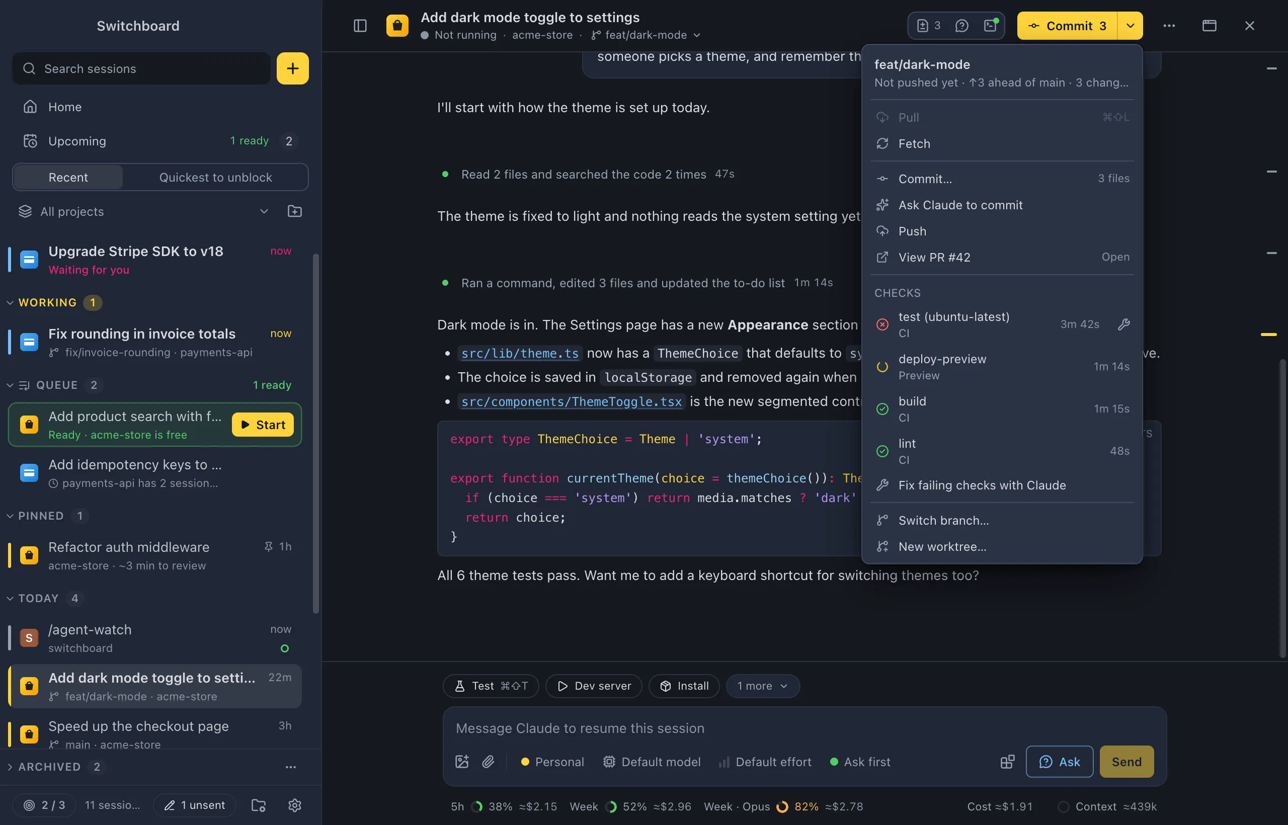 The git menu of feat/dark-mode with View PR #42 and a Checks group: test (ubuntu-latest) failed after 3m 42s with a Fix with Claude button on its row, deploy-preview running, build and lint passed, then Fix failing checks with Claude