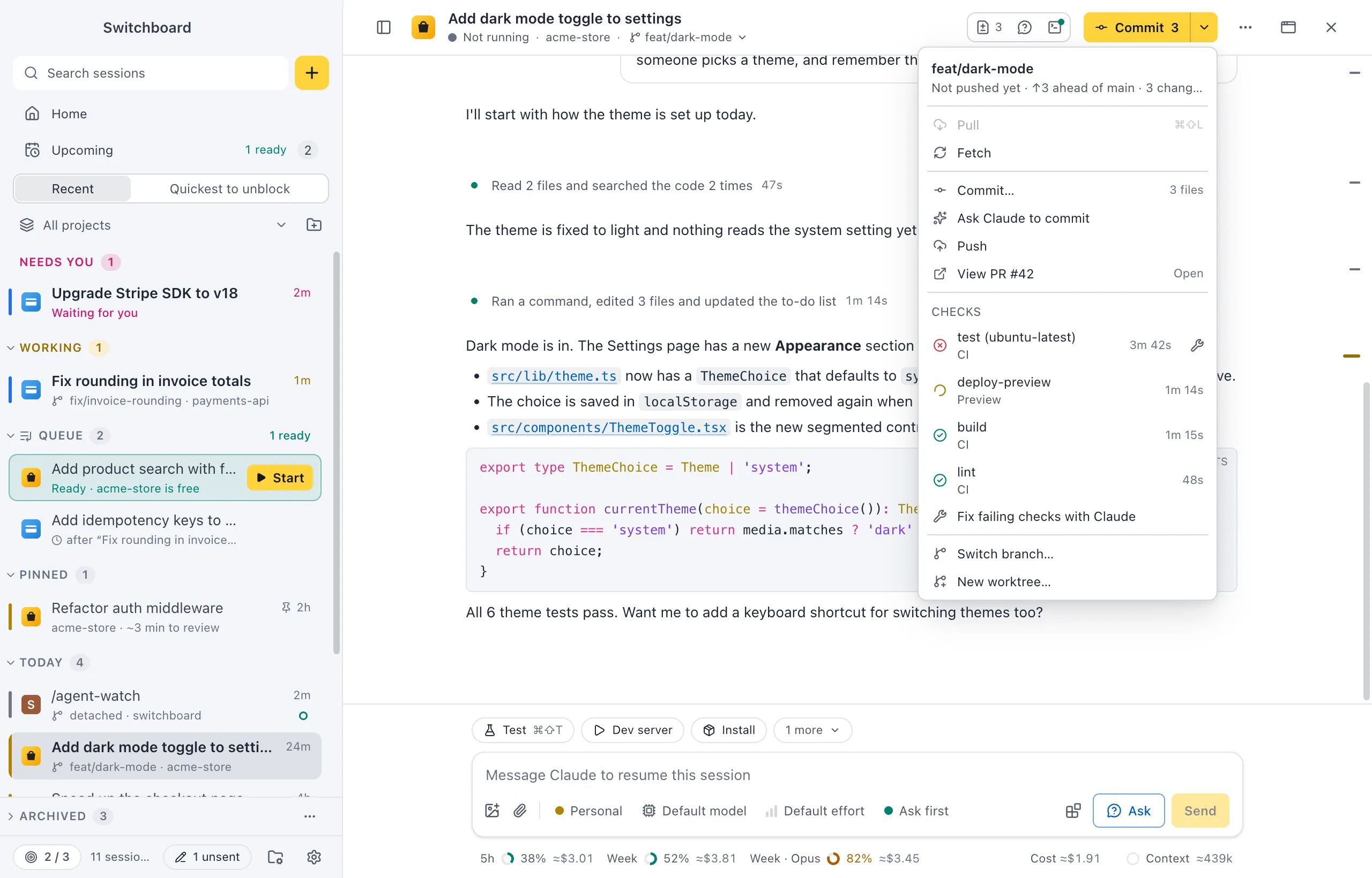 The git menu of feat/dark-mode with View PR #42 and a Checks group: test (ubuntu-latest) failed after 3m 42s with a Fix with Claude button on its row, deploy-preview running, build and lint passed, then Fix failing checks with Claude