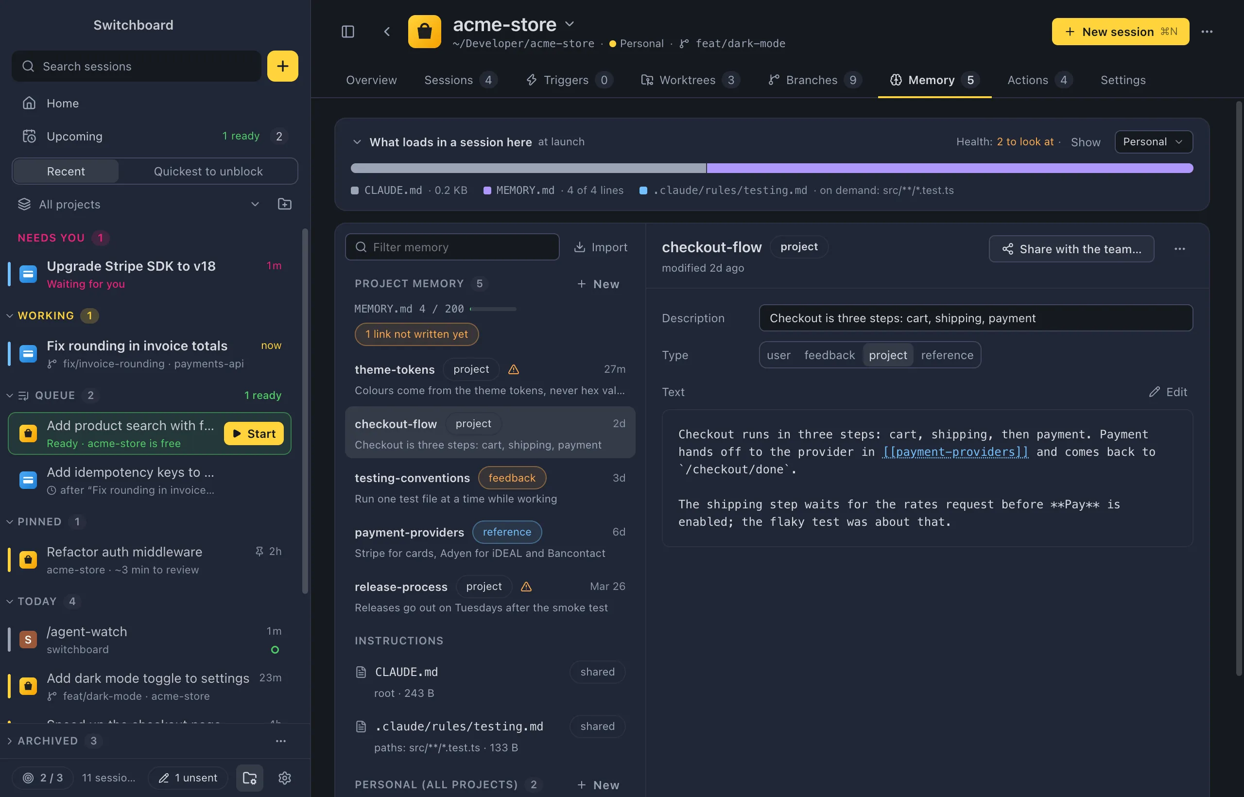 A memory open in the editor: its name and type at the top with Written in and the session's title, the Description field, the Type control, the text with a [[link]], and Linked from and Not written yet under it