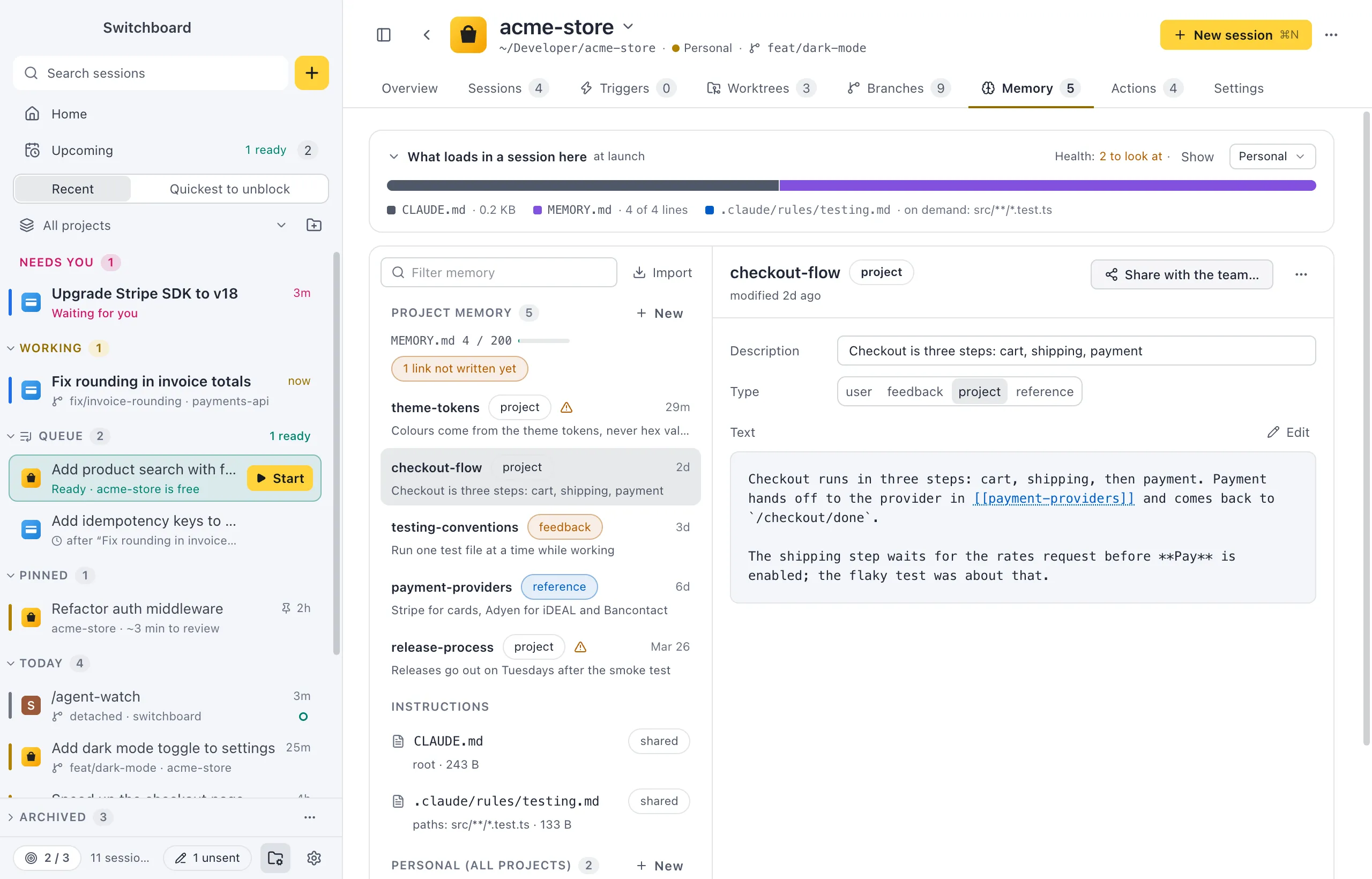A memory open in the editor: its name and type at the top with Written in and the session's title, the Description field, the Type control, the text with a [[link]], and Linked from and Not written yet under it