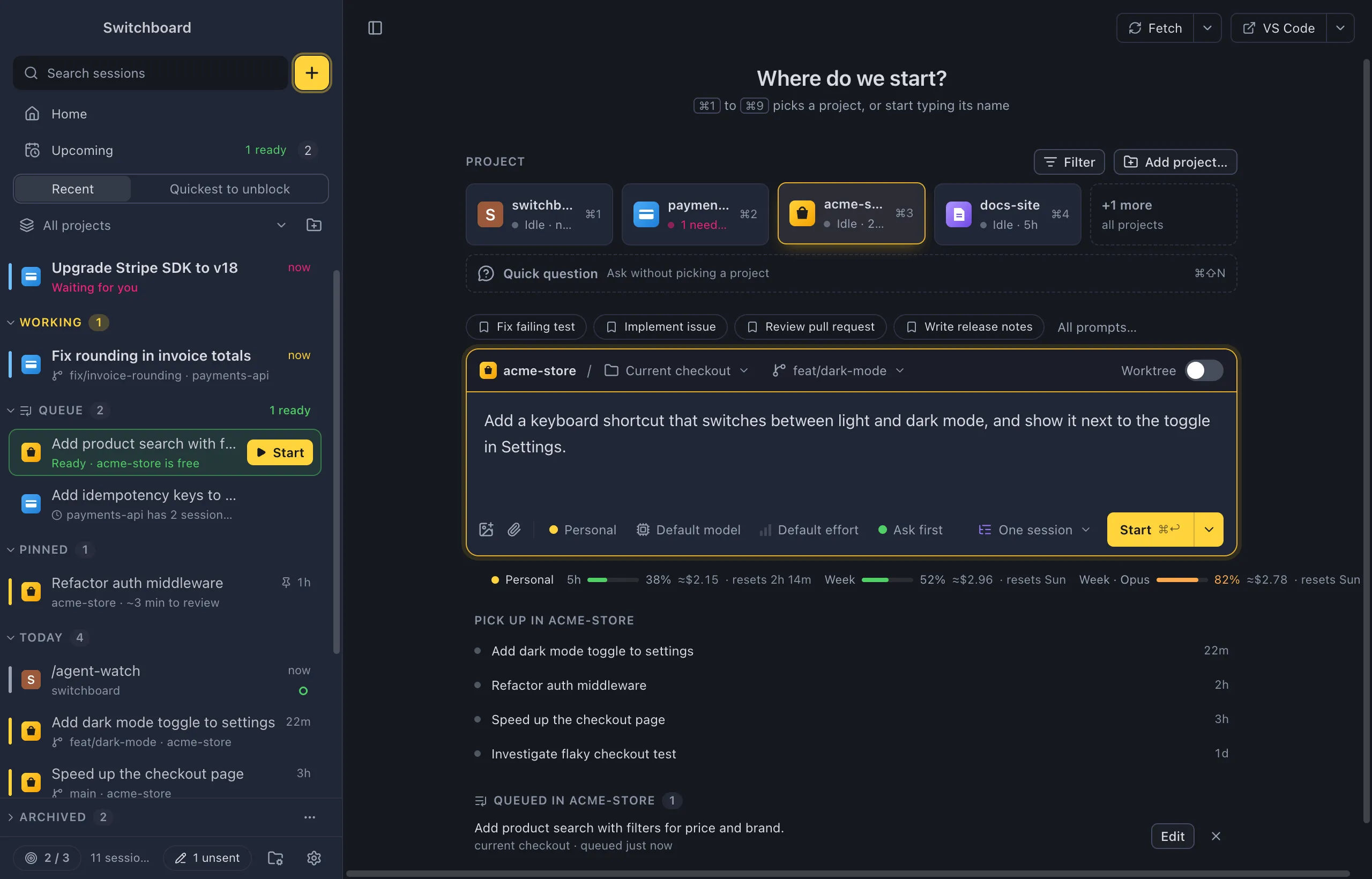 The New session view: the heading Where do we start?, four project tiles with one picked, and the message box below with a typed prompt, the route strip above it and the profile, model, effort and mode chips under it