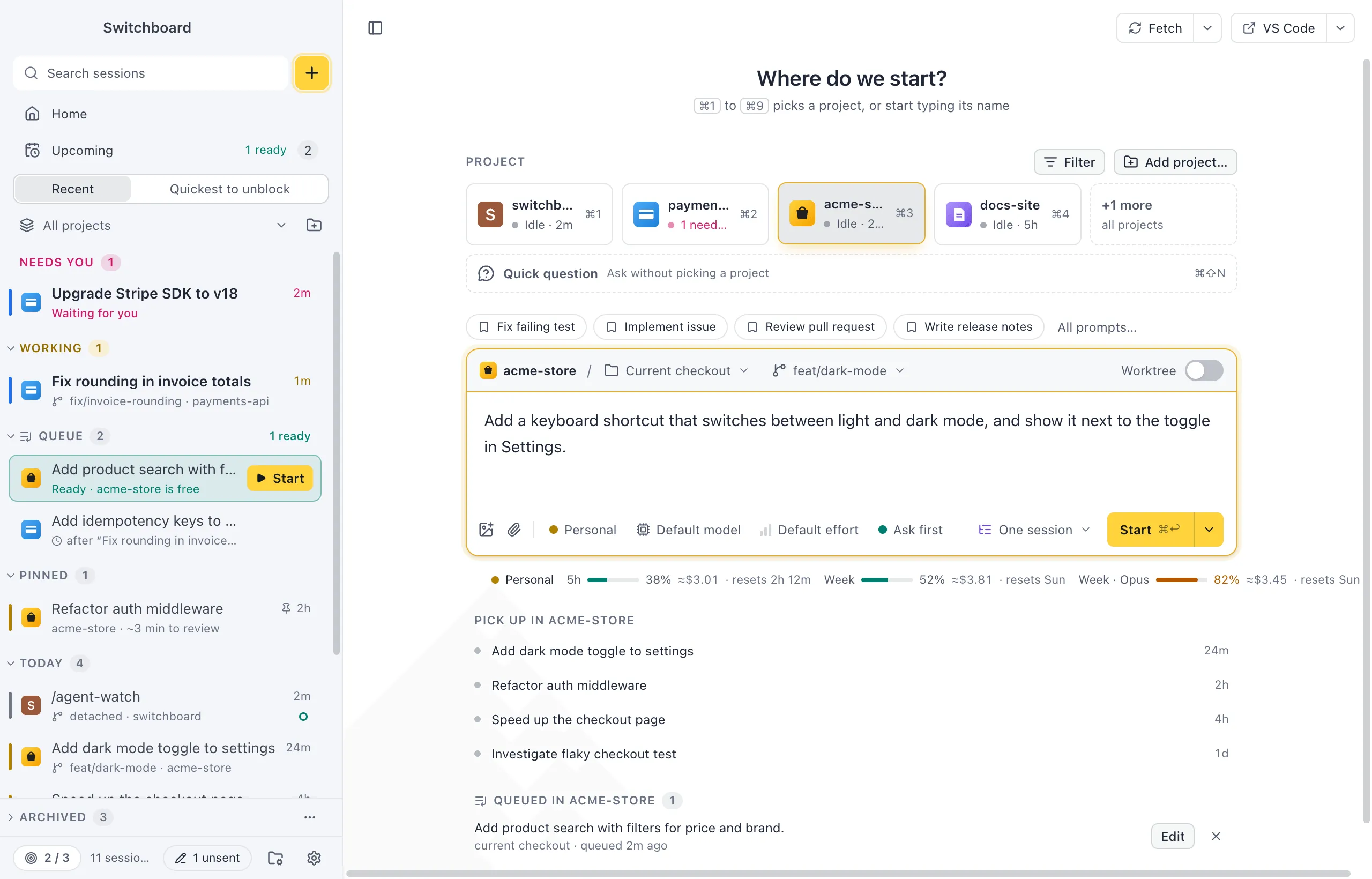 The New session view: the heading Where do we start?, four project tiles with one picked, and the message box below with a typed prompt, the route strip above it and the profile, model, effort and mode chips under it