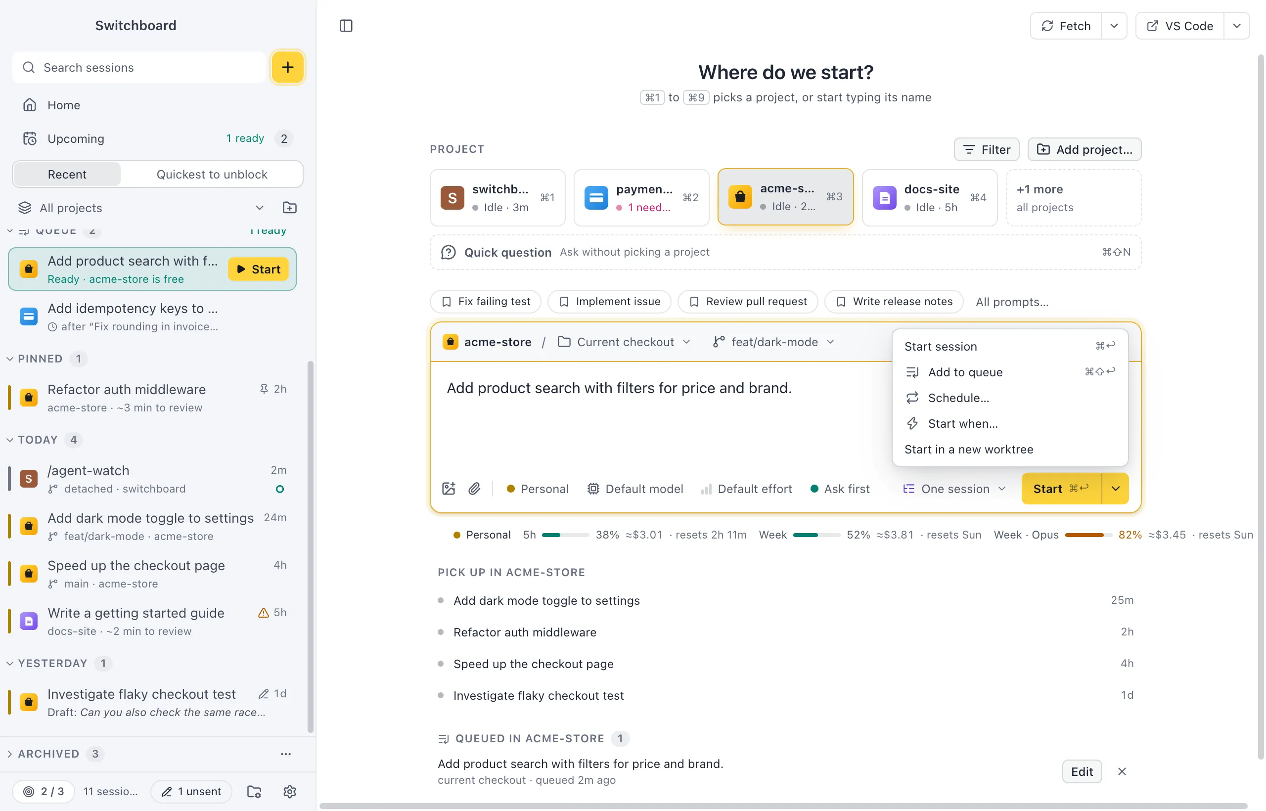 New session with New worktree chosen as the route: the strip shows the project, New worktree and the branch it starts from, and the menu shows the worktree's name field