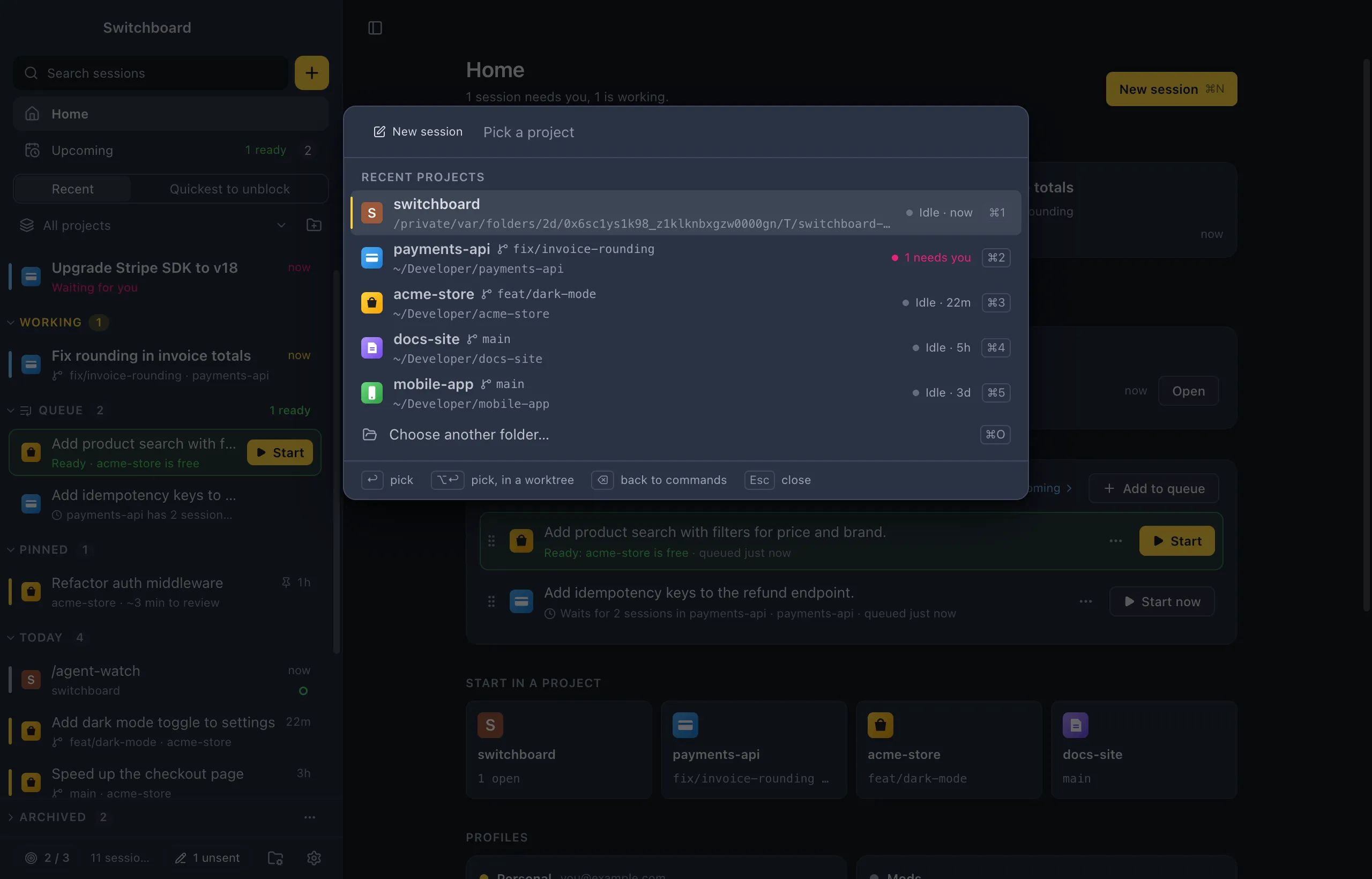 The command palette's New session step: recent projects with their branch, their status and a shortcut for each of the first four