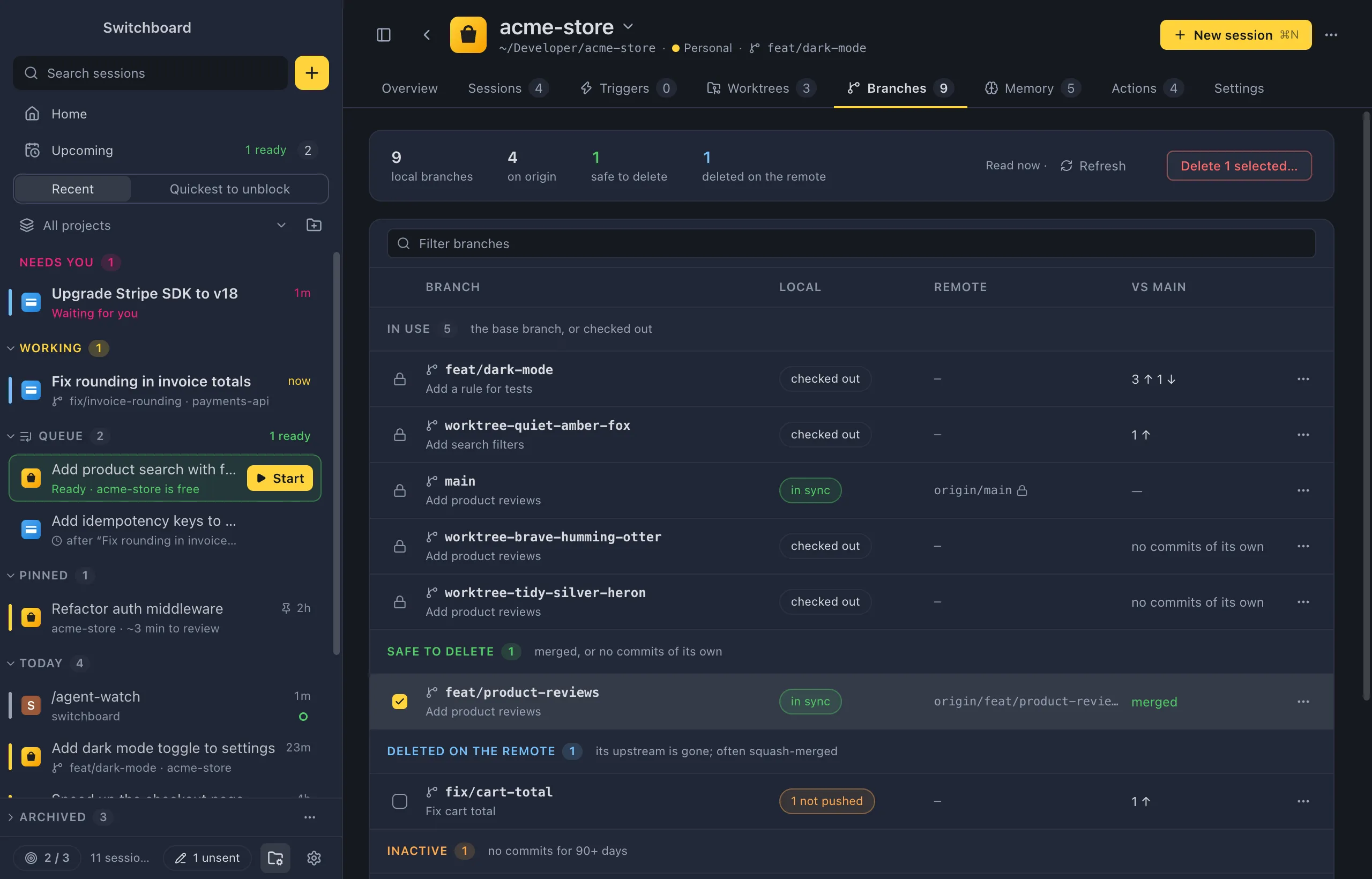 The Branches tab of acme-store: a summary strip with local branches, branches on origin, safe to delete and deleted on the remote, then a filter field and a table grouped into In use, Safe to delete, Deleted on the remote and Active