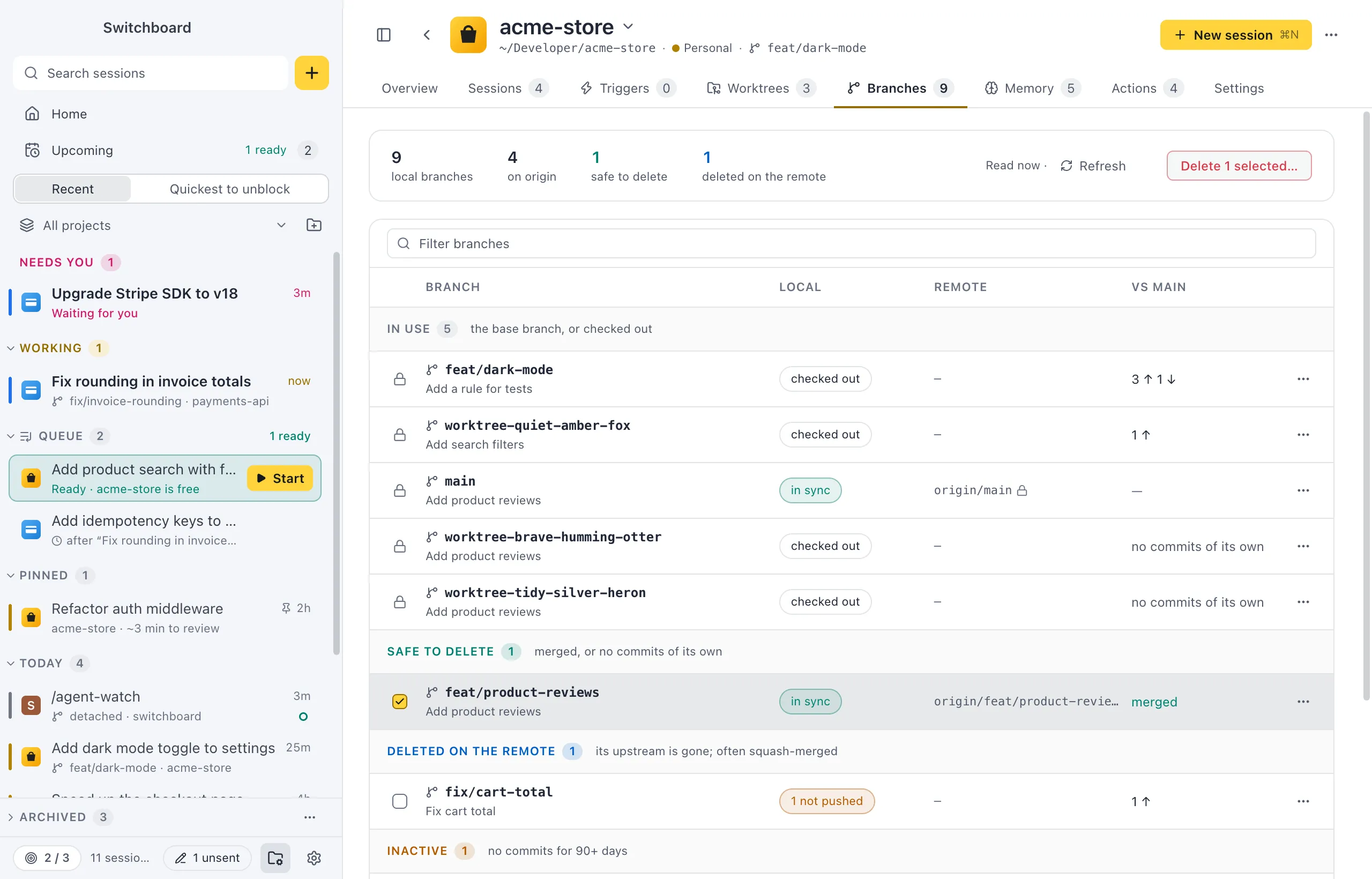 The Branches tab of acme-store: a summary strip with local branches, branches on origin, safe to delete and deleted on the remote, then a filter field and a table grouped into In use, Safe to delete, Deleted on the remote and Active
