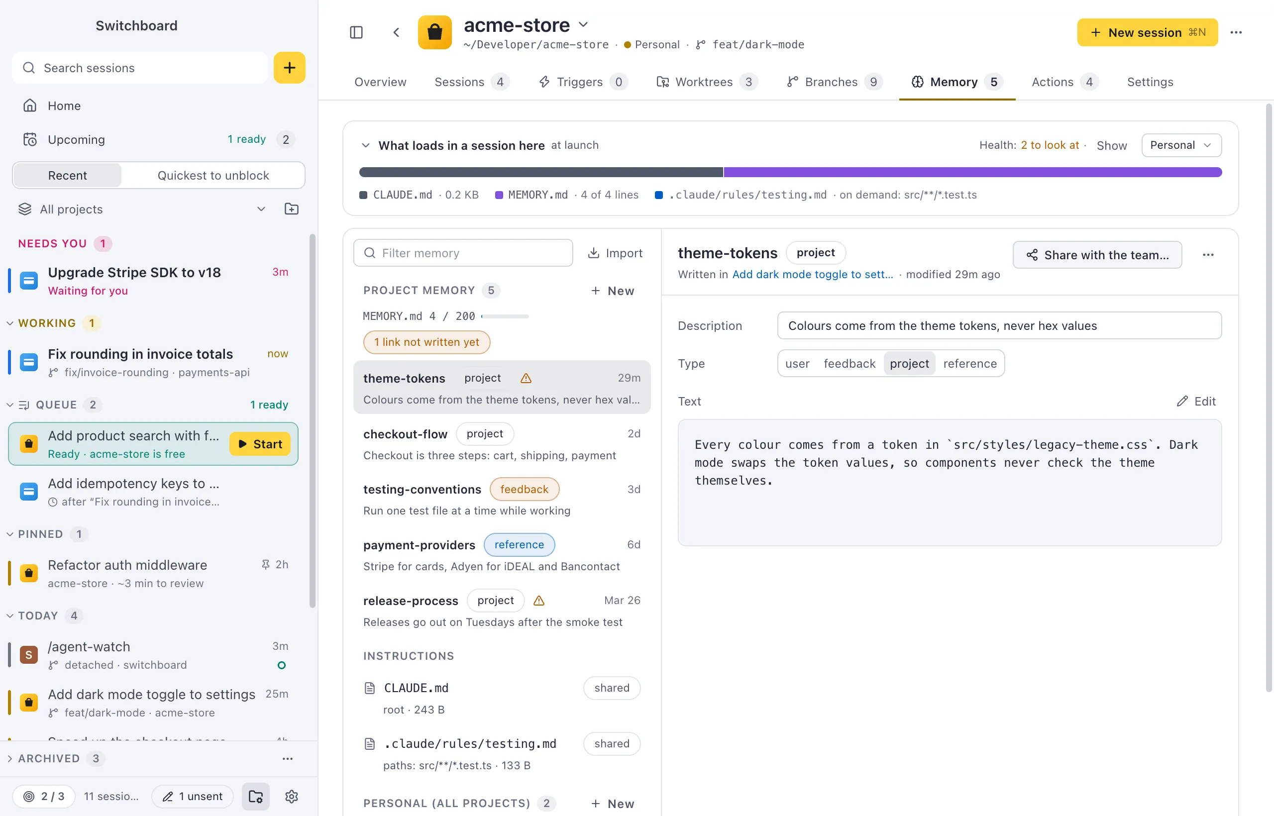 A project's Memory tab: what loads in a session at the top, the project's memories with their type, the instructions the team shares, and personal memory