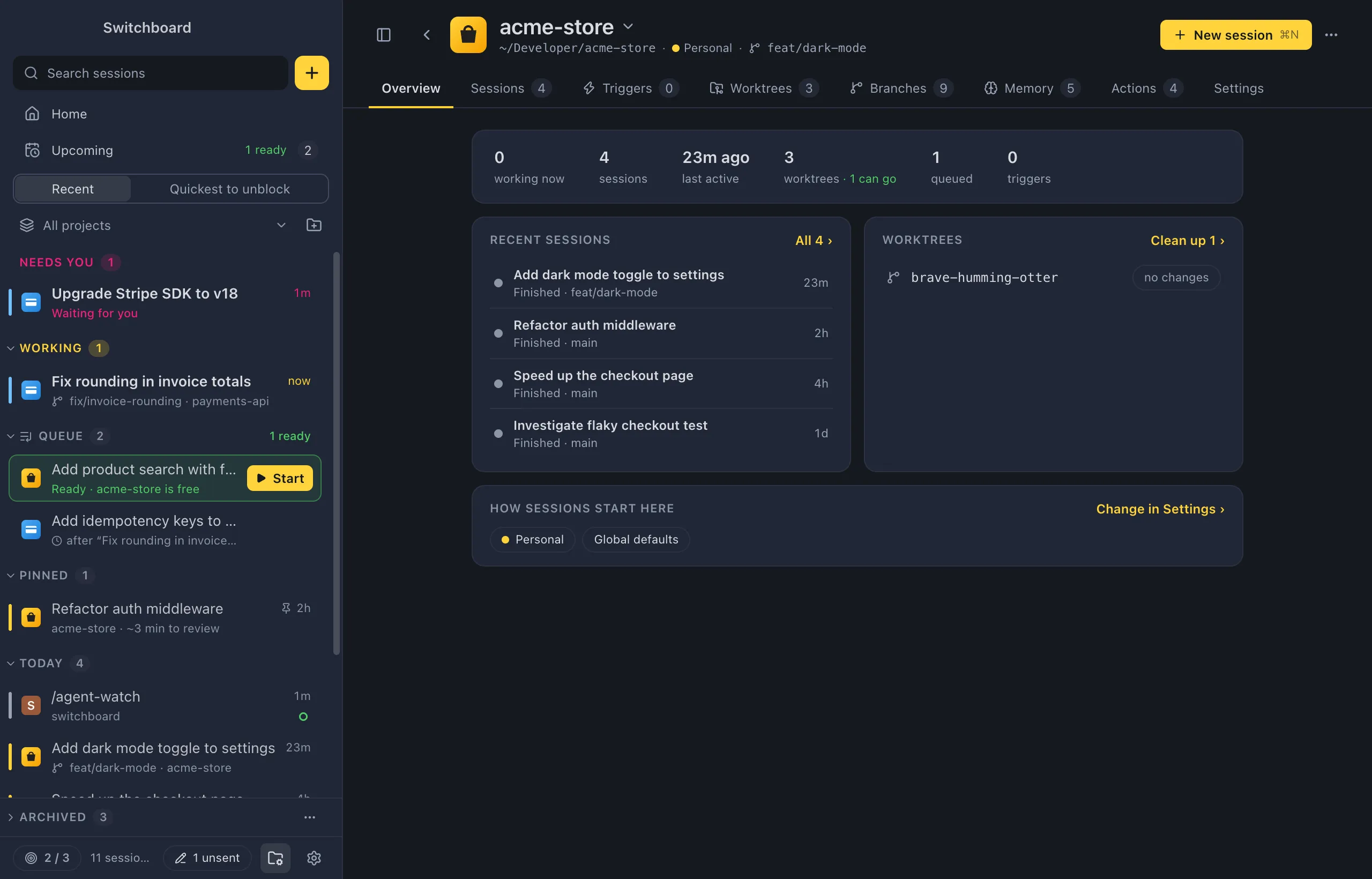 The Overview tab of acme-store: a row of numbers, Recent sessions, Worktrees with Clean up, and How sessions start here