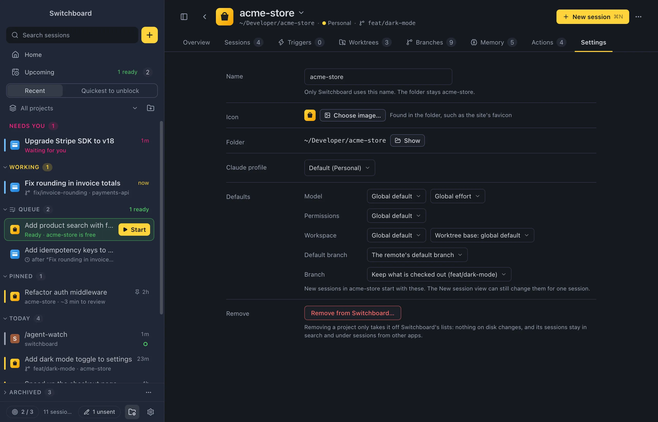 The Settings tab of acme-store: Name, Icon with Choose image, Folder with Show, Claude profile, the defaults (Model and Effort, Permissions, Workspace with the worktree base, Default branch), and Remove from Seshboard