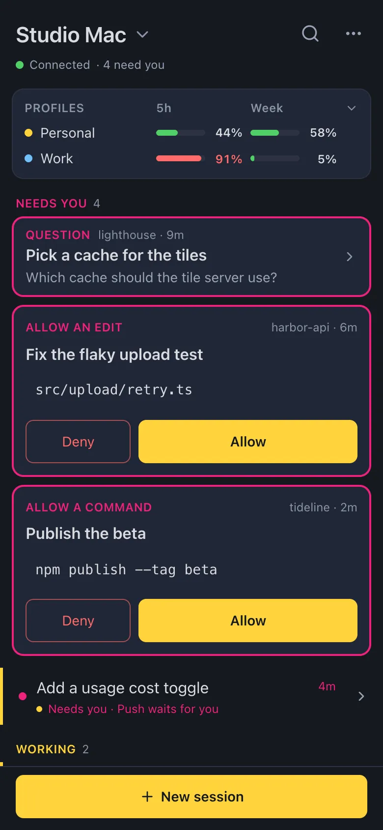 The remote app on a phone: the computer's name, Connected · 3 need you, a Profiles card with usage bars, then Needs you with a question and two prompts with Deny and Allow, and New session at the bottom