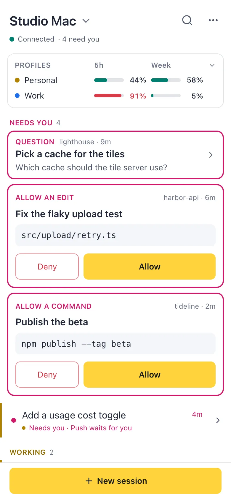 The remote app on a phone: the computer's name, Connected · 3 need you, a Profiles card with usage bars, then Needs you with a question and two prompts with Deny and Allow, and New session at the bottom