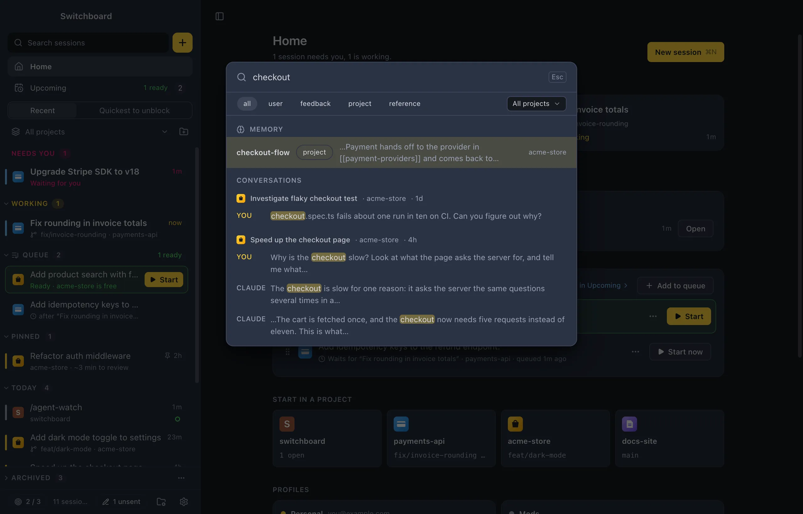 Search with the Memory group of results above the conversations: each memory with its type and project, and chips for all, user, feedback, project and reference