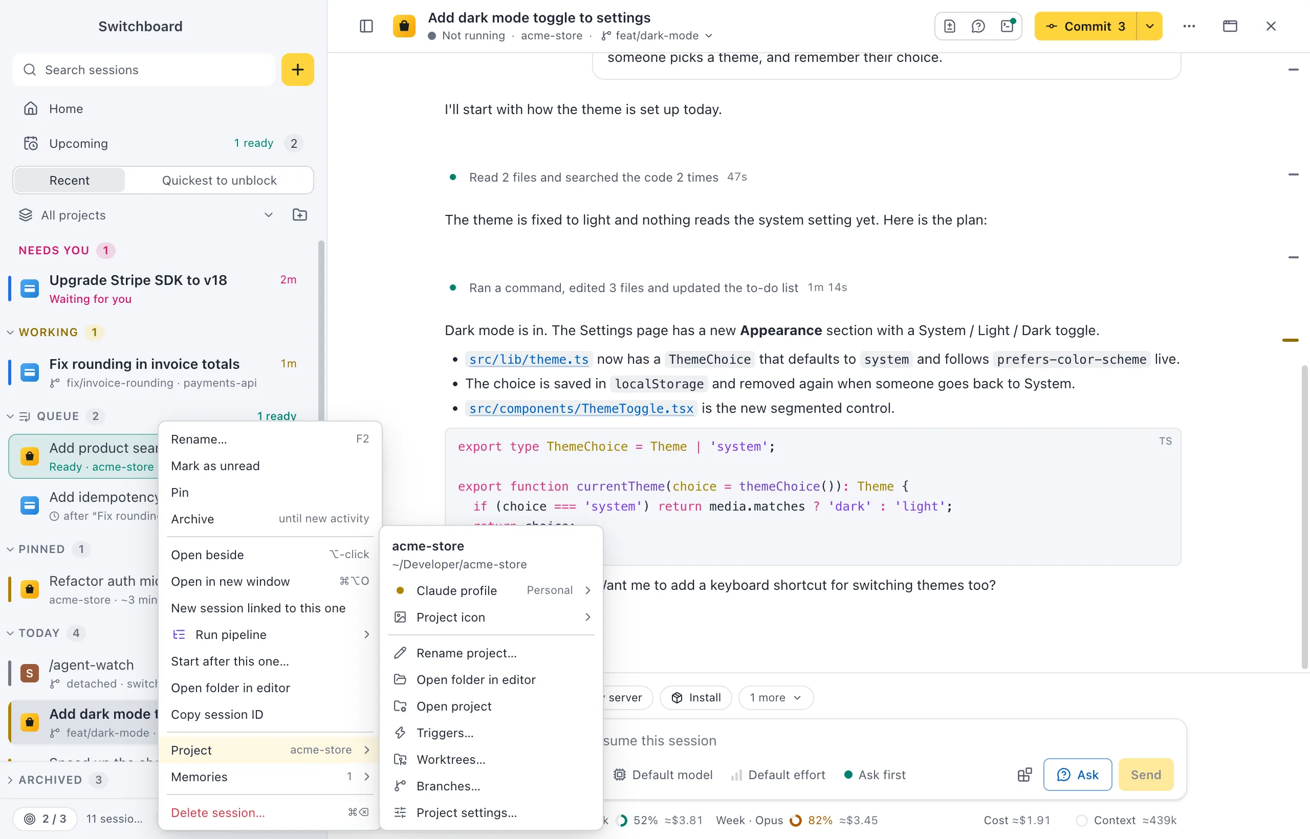 A session's menu in the sidebar with its Project submenu open: the project's name and folder, Claude profile and Project icon, then Rename project…, Open folder in editor, Open project, Worktrees…, Branches… and Project settings…