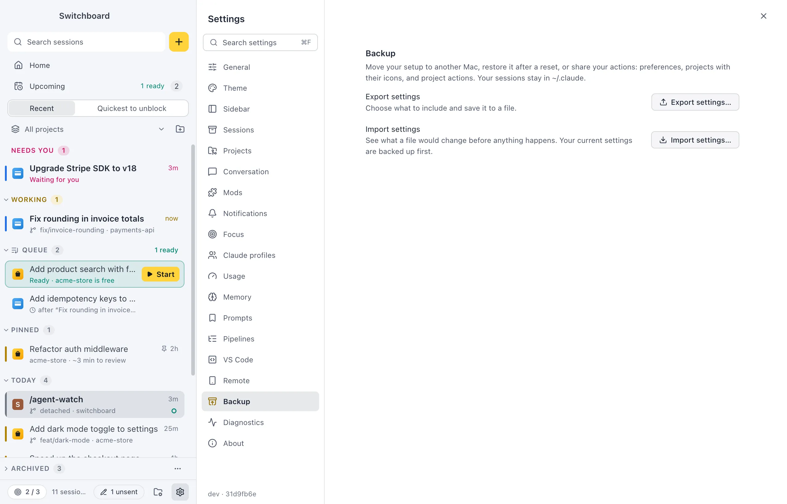 Settings on Backup: Export settings with an Export settings… button, and Import settings with an Import settings… button