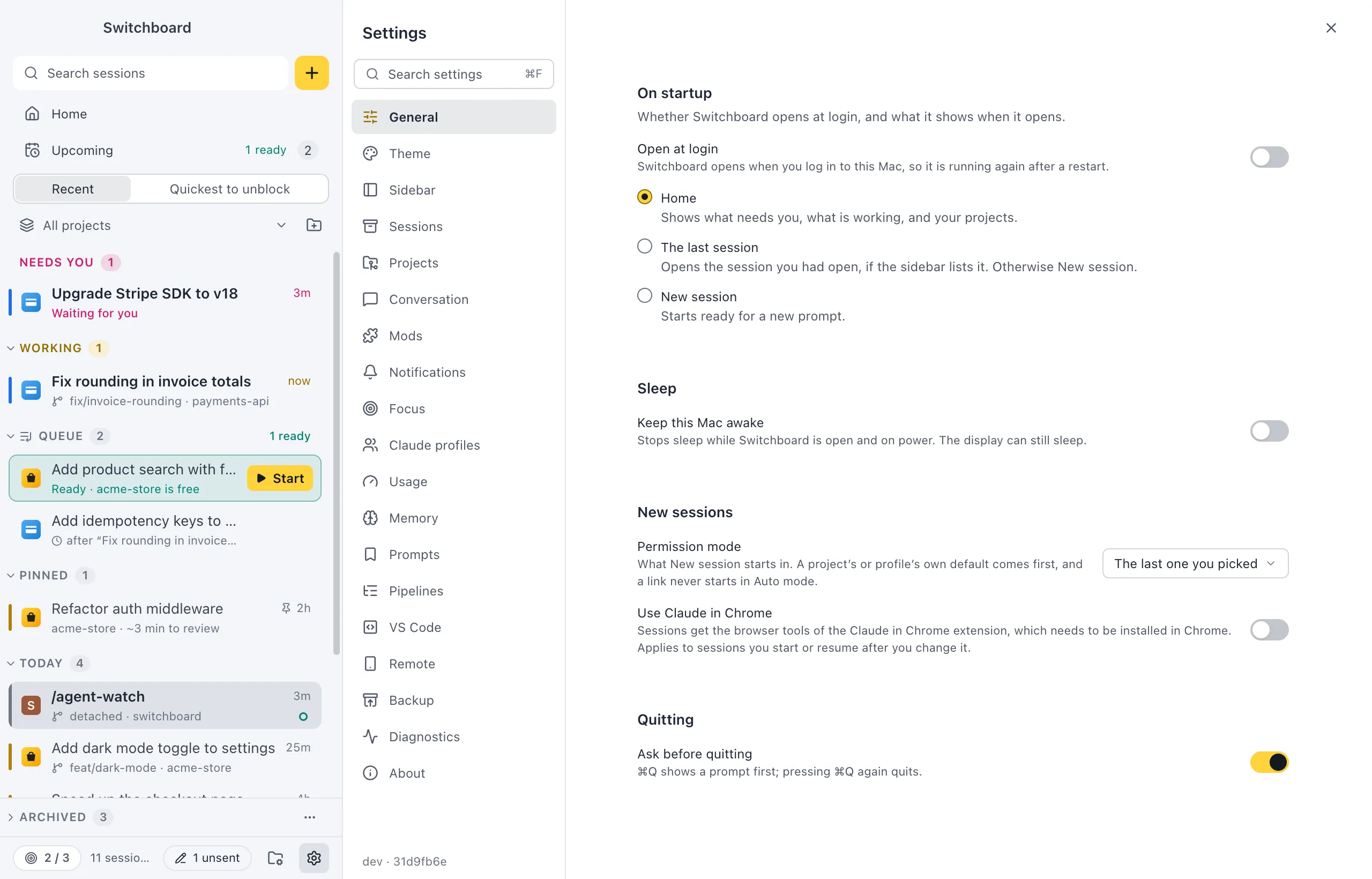 Settings on General: On startup with the Open at login switch, Home, The last session and New session, the Keep this Mac awake switch under Sleep, the permission mode for new sessions, and the Ask before quitting switch
