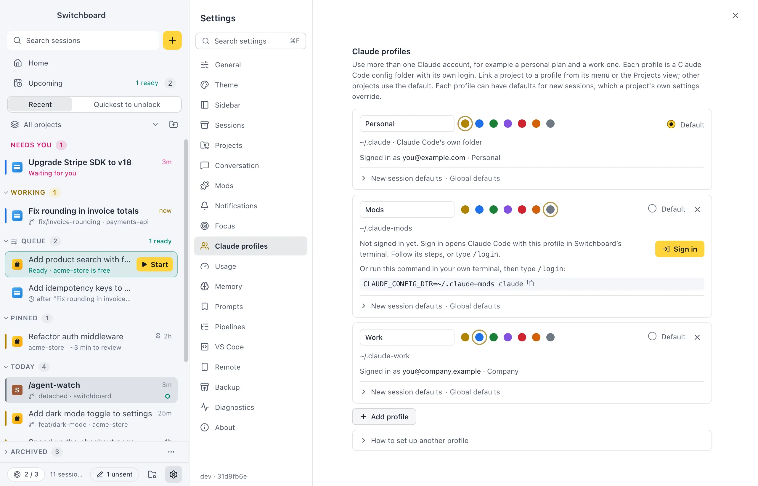 Settings on Claude profiles: a Personal profile in yellow and a Work profile in blue, each with its config folder, the account it is signed in with and the Default choice, then Add profile and How to set up another profile