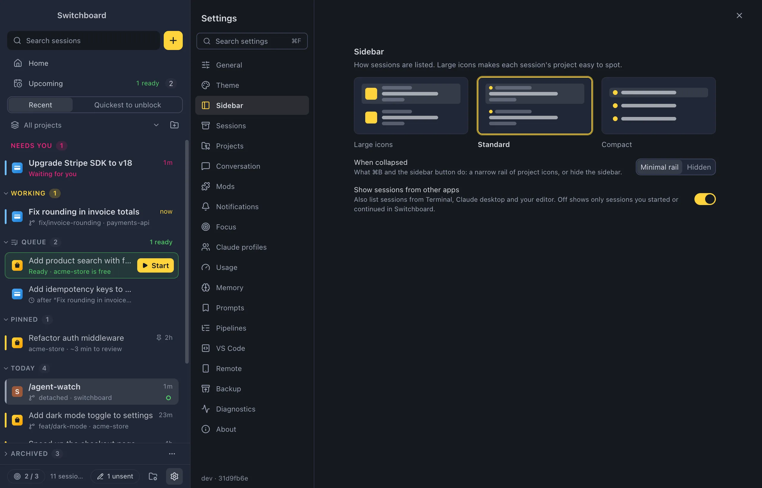 Settings on Sidebar: three previews for Large icons, Standard and Compact, the When collapsed control, and the Show sessions from other apps switch