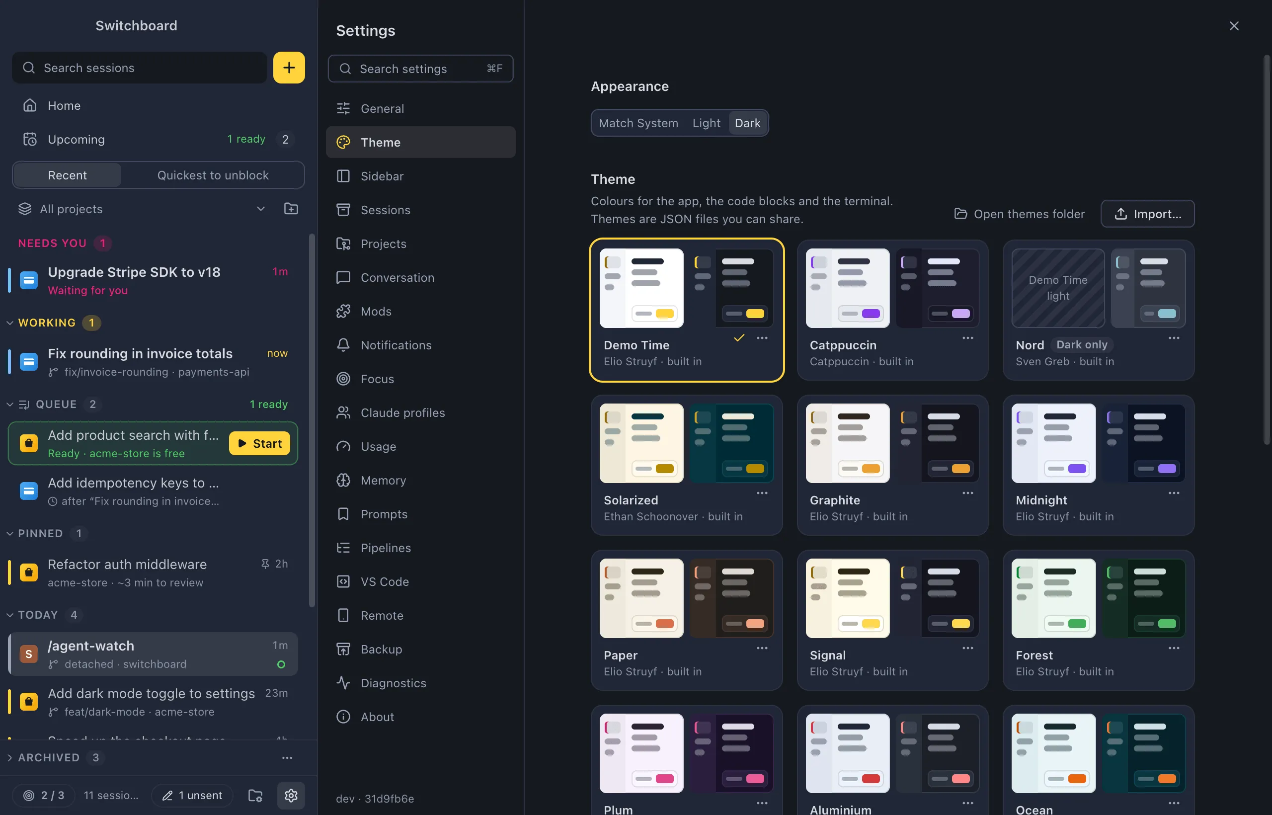 Settings on Theme: the Appearance control, the theme cards with light and dark previews, and the Import… and Open themes folder buttons