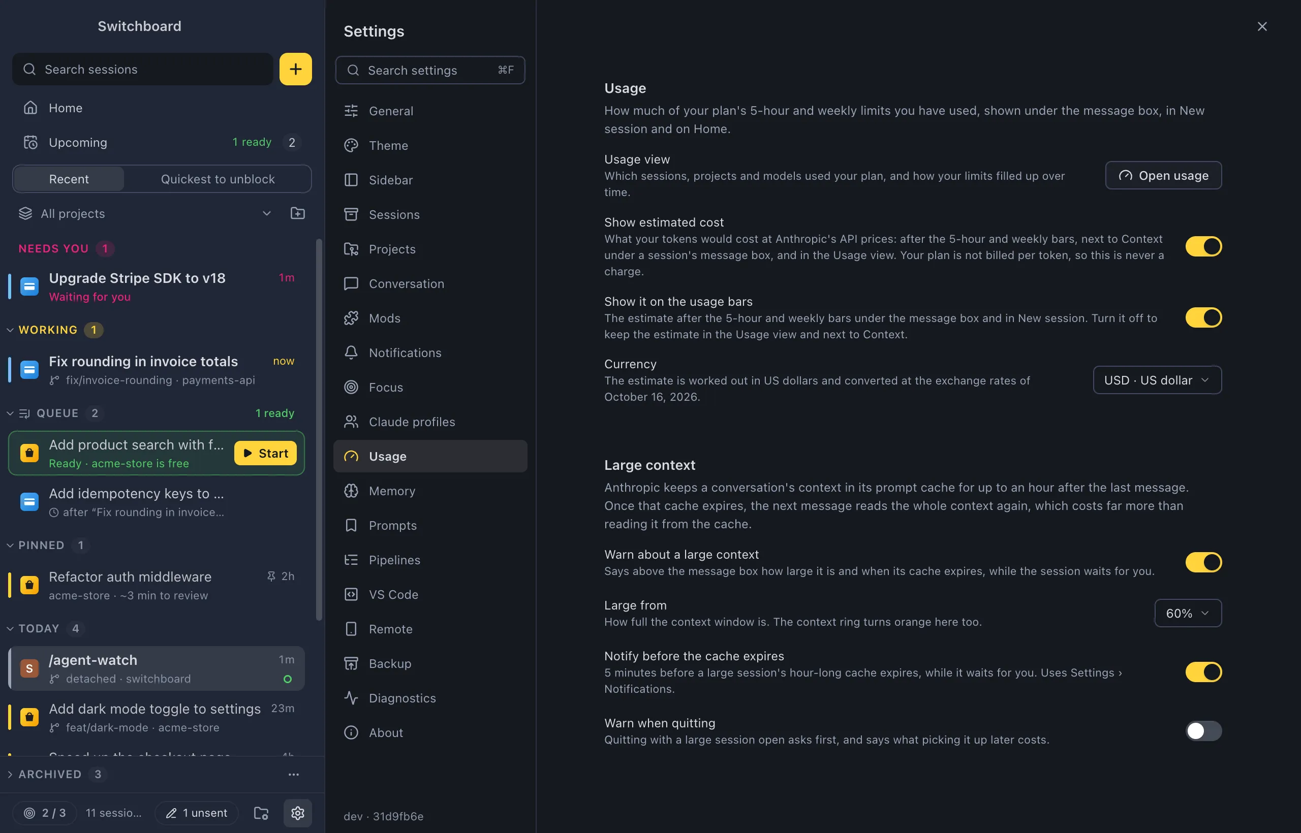 Settings on Usage: Open usage, the Show estimated cost and Show it on the usage bars switches, Currency set to US dollar, and under Large context the Warn about a large context switch, Large from at 60%, Notify before the cache expires and Warn when quitting