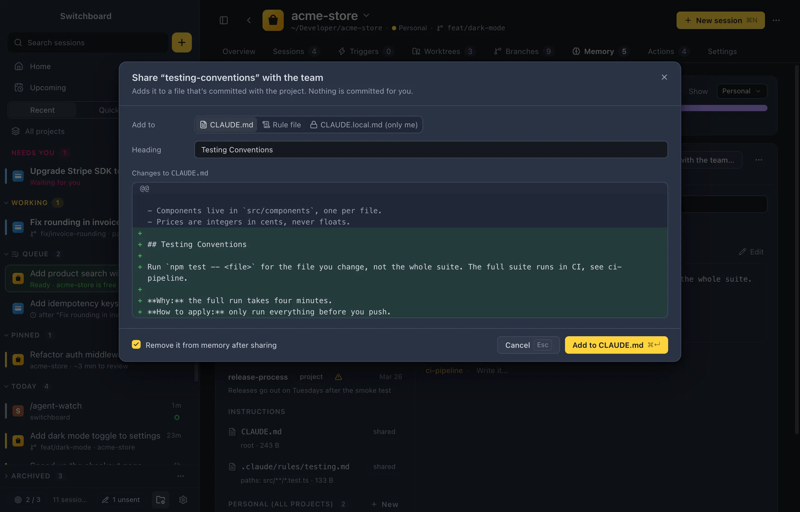 The Share with the team dialog: Add to with CLAUDE.md, Rule file and CLAUDE.local.md (only me), the Heading field, and a preview of the lines it adds to CLAUDE.md