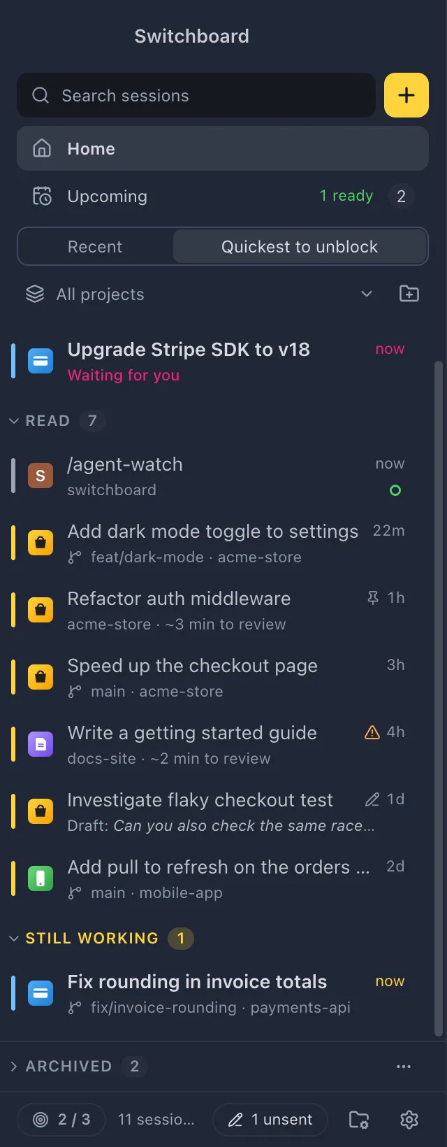 The sidebar sorted by Quickest to unblock: Needs review · quickest first, then Read, with review times and a warning on a session that changed a file outside the plan, then Still working