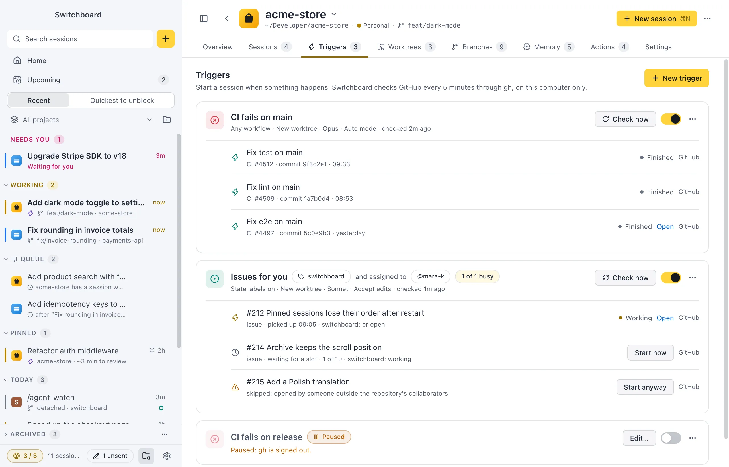 A project's Triggers tab: CI fails on main with three sessions, Issues for you with an issue picked up, one waiting and one skipped, and a paused trigger